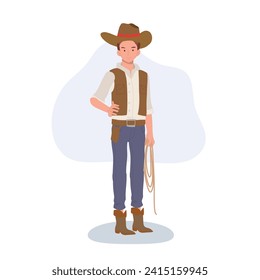 Full-length flat cartoon cowboy. vintage western character illustration