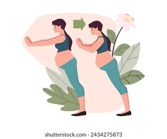 A full-length flat illustration of a character showing a prenatal yoga sequence. Correct poses and techniques for pregnant women on a floral background. Healthy lifestyle of a pregnant girl.