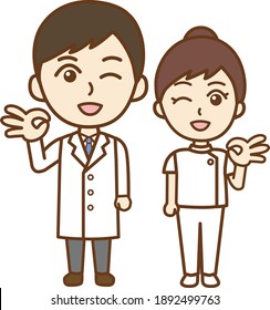 a full-length frontal illustration of a doctor's man and a nurse's woman making a OK gesture