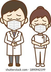 a full-length frontal illustration of a sad doctor's man and nurse's woman wearing a mask