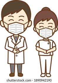 a full-length frontal illustration of a smiling doctor's man and a nurse wearing a mask