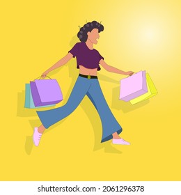 Full-length girl with packages after shopping. Astonished funny brunette with wavy hair holding bags, run to the mall. Vector illustration. Sale.