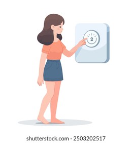 A full-length girl presses her finger on a touch thermostat, a minimalist cartoon style dimmer. The concept of using a smart home device. On a pure white background.