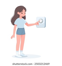 A full-length girl presses her finger on a touch thermostat, a minimalist cartoon style dimmer. The concept of using a smart home device. On a pure white background