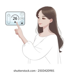 A full-length girl presses her finger on a touch thermostat, a minimalist cartoon style dimmer. The concept of using a smart home device. On a pure white background