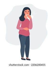 A full-length girl sneezes, blows her nose into a handkerchief. The woman got sick with a cold, a viral infection. Vector graphics.