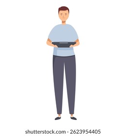Fulllength illustration of a calm young man standing with a vr headset in his hands