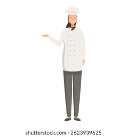 Fulllength illustration of a confident chef in traditional cook apparel, gesturing to the side