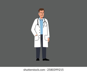 Full-length illustration of a middle-aged male doctor in a white coat, grey background