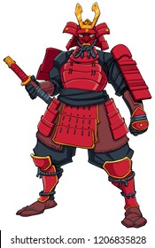 Full-length illustration of powerful Samurai warrior ready for battle. 