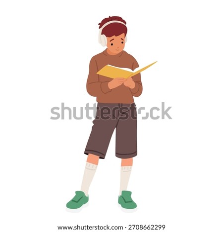 Full-length isolated portrait with cute smart boy student cartoon character reading paper textbook enjoying education and learning. Kid engaged in studying, favorite hobby activity vector illustration