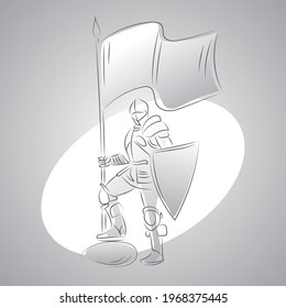 A full-length knight in armor with a flag and a shield. Black and white line drawing.