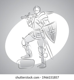 A full-length knight in armor with a sword and shield. Black and white line drawing.