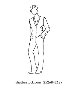 full-length man drawing in a suit with his hands in his pockets - a hand-drawn sketch