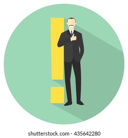 Full-length man with exclamation mark. Person sure. "Best choice" expression. Making decision sign. Flat design. Vector illustration