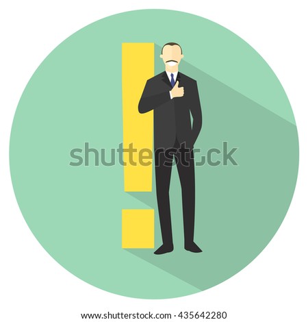 Full-length man with exclamation mark. Person sure. "Best choice" expression. Making decision sign. Flat design. Vector illustration