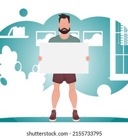 A full-length man holds an empty space for advertising in his hands. Place for your advertisement. Cartoon style. Vector illustration