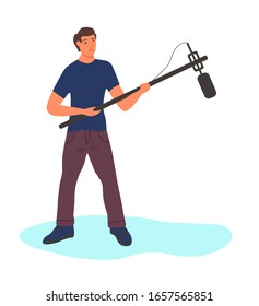 A full-length man with a long microphone. Character isolated on a white background. Flat cartoon vector illustration.