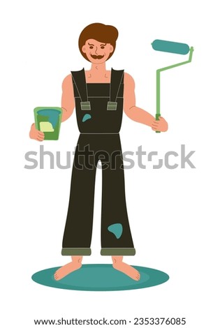 A full-length man in overalls is holding a roller and a can of paint. Repair, wall painting, painter. Vector illustration