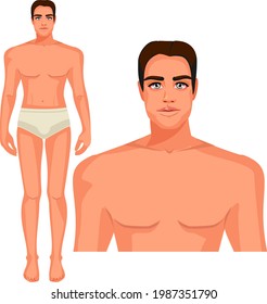 A full-length man and a portrait of a man's face. A dark-haired man in his underwear. On a white background.