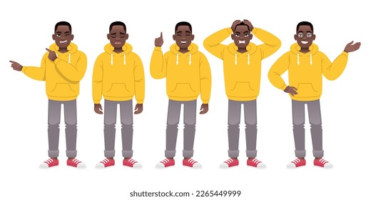 Full-length man is a set of characters. The black guy is standing in anger, pointing at something, sad, wearing glasses. A young black man in a yellow hoodie and gray jeans is standing