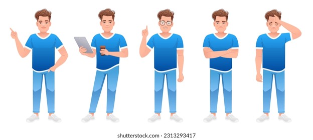 A full-length man is a set of characters. The guy is standing with a tablet and a glass of coffee in his hands, pointing at something, sad, dissatisfied, wearing glasses. A young white boy