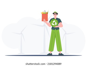 A full-length man is shown holding an EKO icon and a package of proper nutrition. Healthy food, ecology, recycling and zero waste concept. Flat trendy style. Vector.