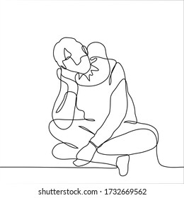 full-length man sits cross-legged on the floor, wearing an inflatable pillow for his neck. One continuous line is a drawing of a tired, expectant, sleepy, exhausted person. Can be used for animation.