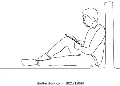 full-length man sits on the windowsill of a large window reading a book, he put a book / textbook / notebook on his knee. one line drawing concept of reading alone