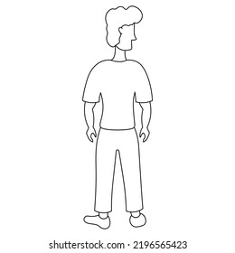 A full-length man stands with his back and looks to the side. Sketch. Vector illustration. The guy is strong with a stylish haircut. Doodle style. Coloring book. Outline on isolated background