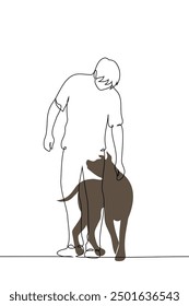 full-length man stroking a dog - one line art vector. concept dog lover, owner and pet on a walk. Handmade vector not AI