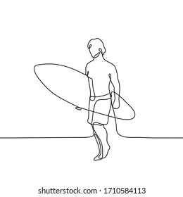 A full-length man in swimming trunks carries a surfboard. One continuous line art silhouette of a male surfer who carries his board. Can be used for animation.