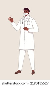 Full-length portrait of African American male doctor, surgeon, laboratory assistant in lab coat with stethoscope on white background. Vector flat cartoon.