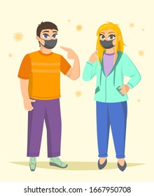 Full-length portrait of attractive teens girl and guy wearing surgical mask, Coronavirus protection in public place, vector illustration