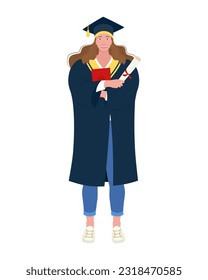 Full-length portrait of a female student, graduate in an academic cap and gown with a diploma in her hands. Vector illustration.