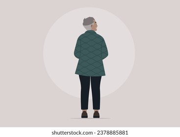 Retrato de una mujer de pelo corto y gris, vista por detrás, con un traje informal