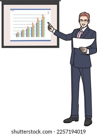 Full-length portrait of a man pointing to a graph for presentation.