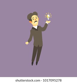 Full-length portrait of Nikola Tesla - famous scientist, electrical engineer and inventor. Cartoon man character and bright lamp. Colorful flat vector design