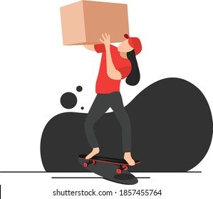 Full-length portrait of a skateboard young woman lifting a heavy box with a distributor