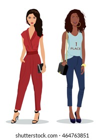 Full-length portrait of two beautiful young girls wearing colorful stylish clothes. Vector fashion illustration.