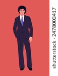 A full-length portrait of a young curly-haired man. Portrait of a happy businessman in a business suit. Vector flat illustration