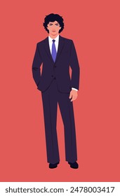 A full-length portrait of a young curly-haired man. Portrait of a happy businessman in a business suit. Vector flat illustration