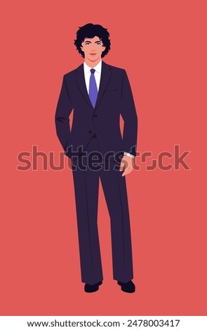 A full-length portrait of a young curly-haired man. Portrait of a happy businessman in a business suit. Vector flat illustration