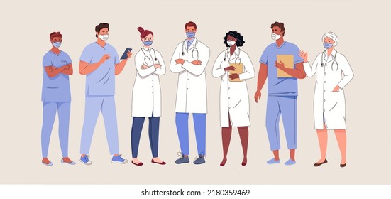 Full-length portraits of medical specialists and nurses. Recruitment, team, hospital and laboratory staff. Vector characters on isolated white background. Illustration in flat cartoon style. Vector.