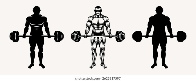 Full-length powerlifter standing with a barbell. illustration in style engraving and silhouette. Isolated black print on white background