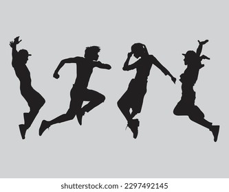 Full-length profile shot of a Caucasian and an african american male dancer jumping isolated on silhouettes