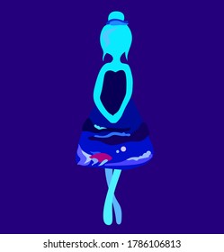 
full-length sea girl stands cross-legged in a blue dress depicting a wave and a red fish Japanese carp on a blue background