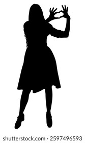 Full-length silhouette of a fashionable young woman forming a heart shape with her hands. Vector illustration