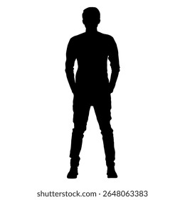  Silhueta completa de um homem de pé com as mãos nos bolsos, isolado em um fundo branco. ilustração vetorial.