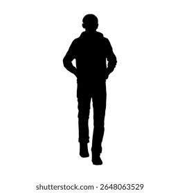  Full-length silhouette of a man standing with hands in his pockets, isolated on a white background.
